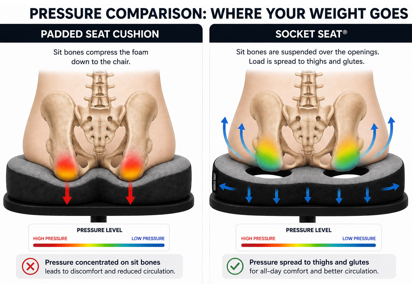 Two cross-sections of a seated pelvis. On a padded cushion the sit bones compress the foam down to the chair, with pressure concentrated at those two points. On the Socket Seat the sit bones are suspended over the two openings and the load spreads outward to the thighs and glutes.