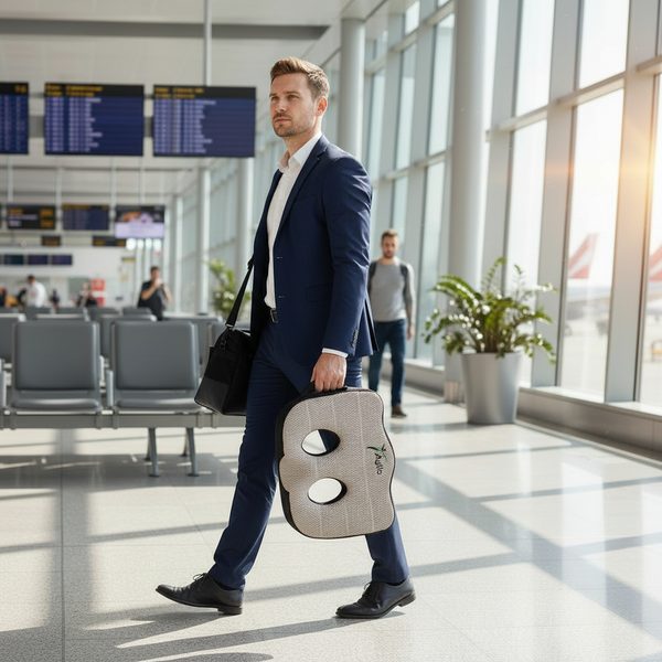 A man in a suit walks through an airport terminal carrying the Socket Seat by its built-in handle, the two openings visible from the side.